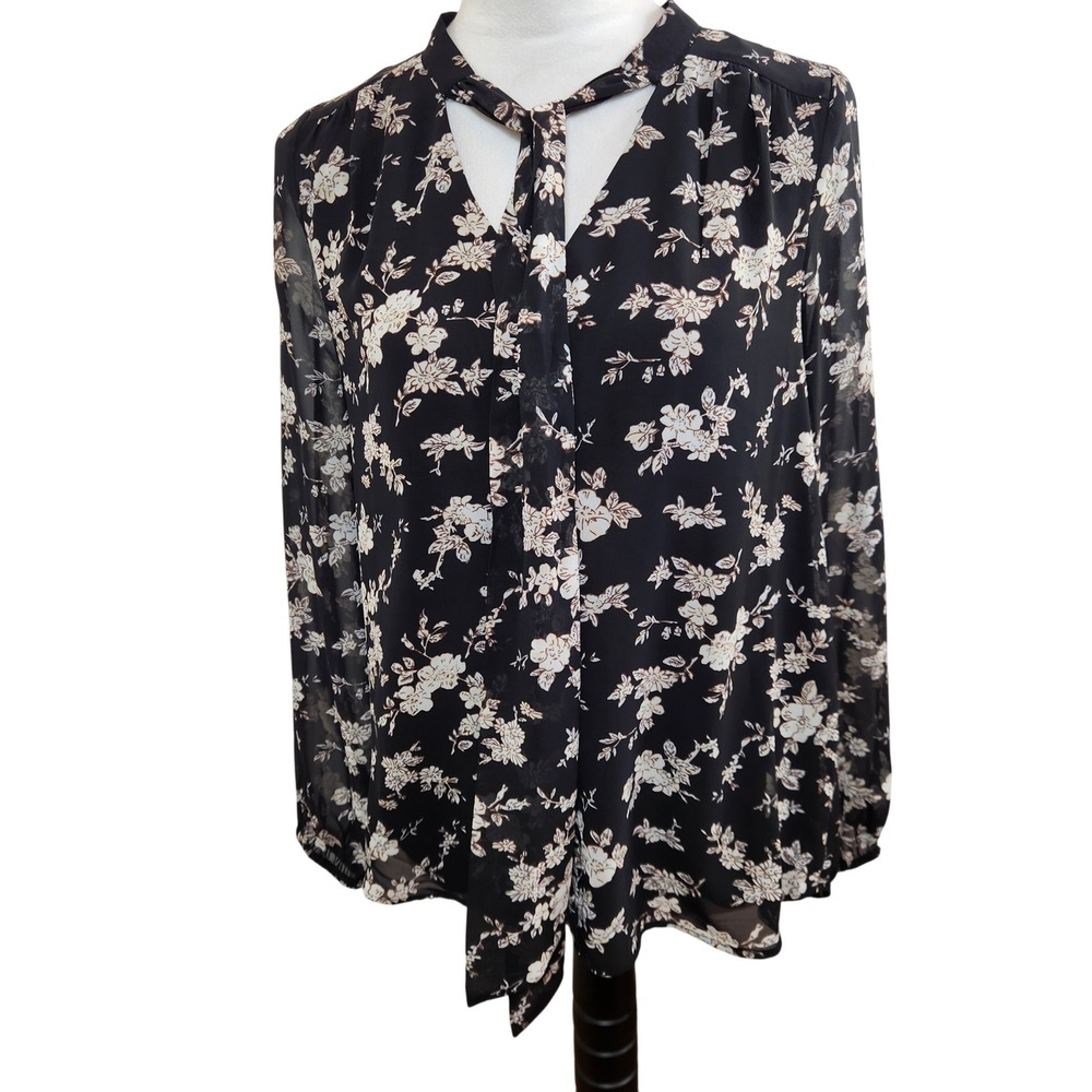 Daniel Rainn Black Floral Tie Neck‎ Blouse Long Sleeve Sheer Womens Size Medium